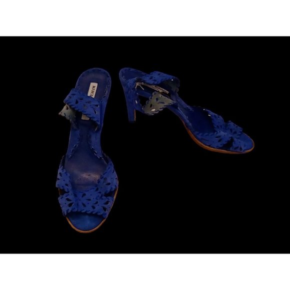 Manolo Blahnik Blue Suede Sling Back Open Pattern High Heel Sandals Size 39.5 - Picture 3 of 12